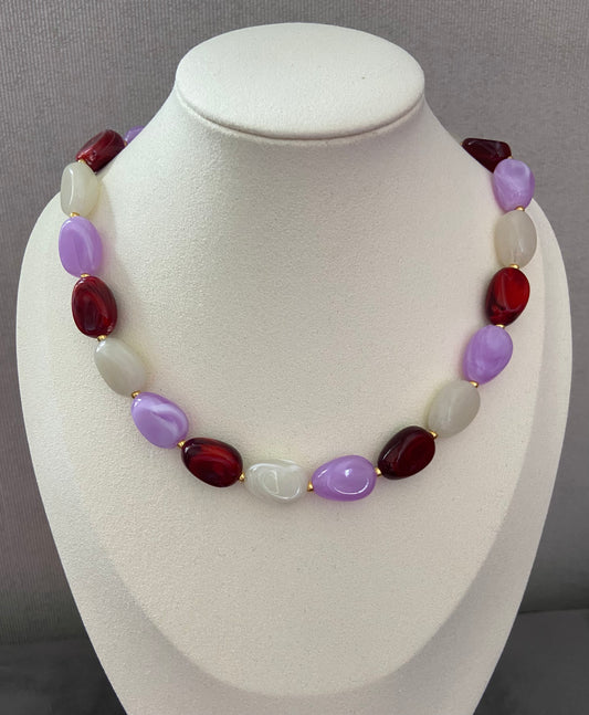 Acryl Kralenketting – Bordeaux, Lila & Ivoor