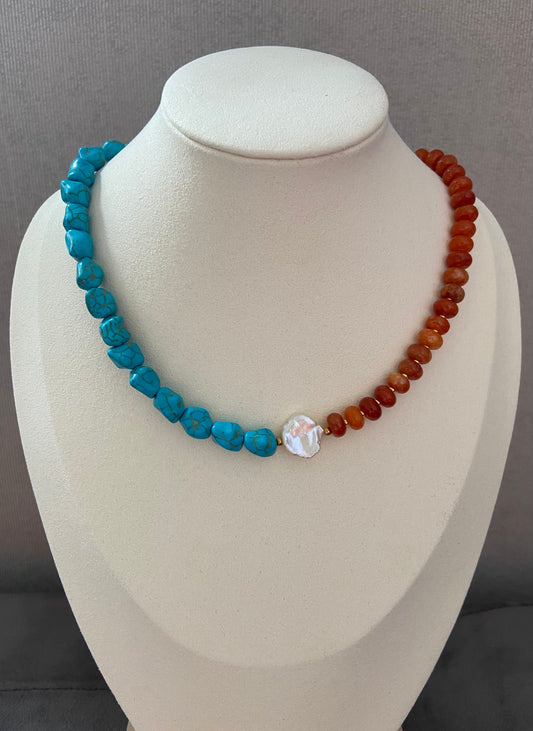Turquoise & Carneool Natuurstenen Ketting met Zoetwaterparel